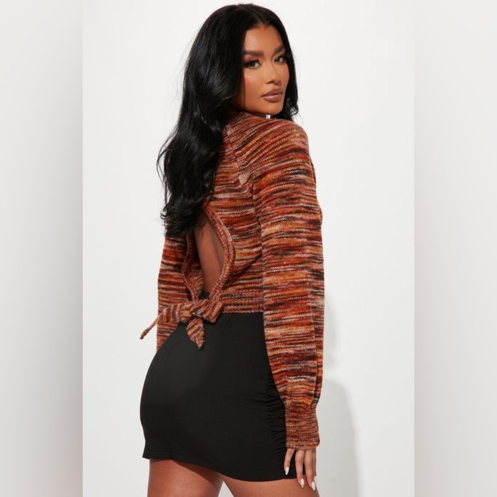 Vanilla Star Brown Marled Open Back Tie Sweater S Boho Y2K Fall Balloon Sleeve - Picture 10 of 11